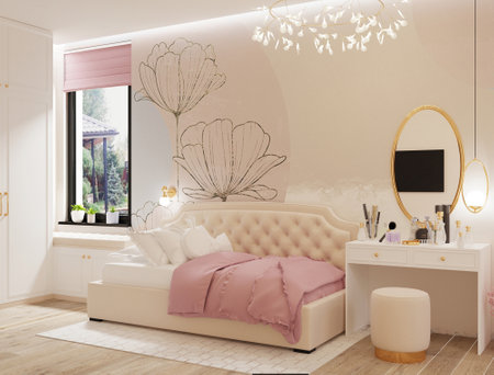 Interior of modern bedroom with white walls, tiled floor, comfortable pink double bed with pillows and mirror. 3d renderの写真素材