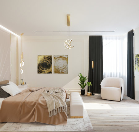 interior of modern bedroom with white walls, carpet on the floor and big comfortable bedの写真素材