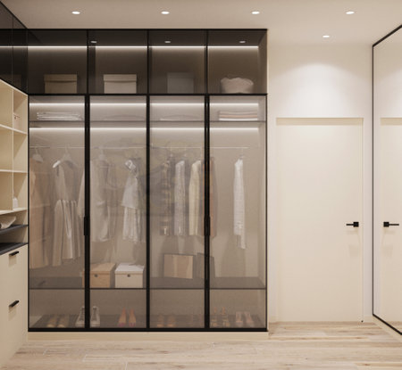Interior of a modern wardrobe with glass doors. 3d renderingの写真素材