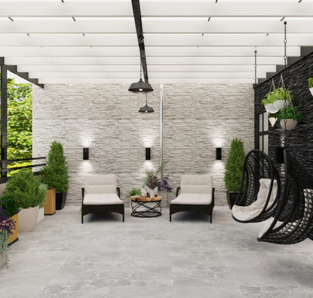 Interior of modern cafe with white brick walls, concrete floor, comfortable armchairs and round tables. 3d renderingの写真素材