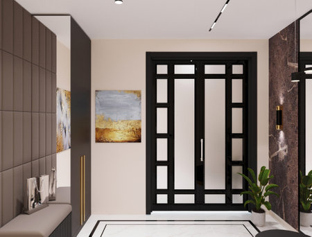 Interior of modern bathroom with white and brown walls, tiled floor, comfortable beige sofa and black mirror. 3d renderingの写真素材