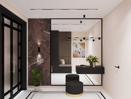 Interior of modern bathroom with white and black walls, tiled floor, black and white bathtub and double sink. 3d renderingの写真素材
