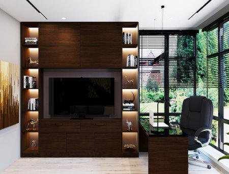 3d rendering of home office and living room with modern furniture.の写真素材