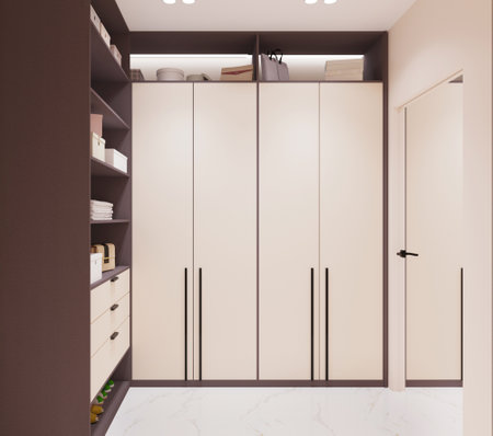 Interior of modern room with white walls, tiled floor, white cupboards and bookcases. 3d renderingの写真素材