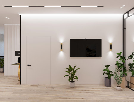 Interior of a modern office with white walls, wooden floor and white ceiling. 3d rendering mock upの写真素材