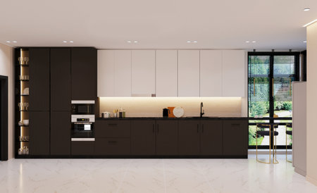 3d Illustration of white modern kitchen in a house with a beautiful designの写真素材