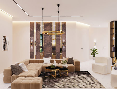 Interior of modern luxury living room with marble walls, carpeted floor, beige sofa and coffee table. 3d renderingの写真素材