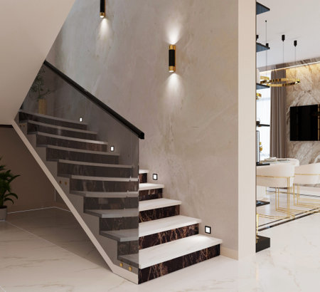 interior of modern housele staircasele walls, carpetの写真素材