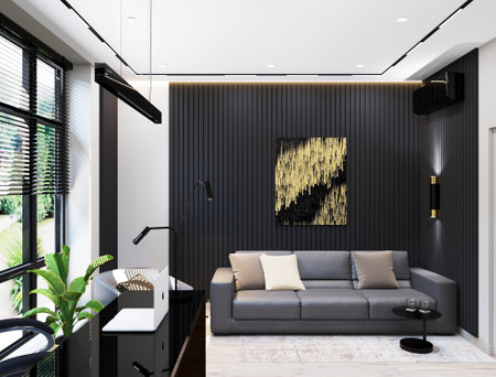 3d render of modern living room interior design with black and gold wallの写真素材