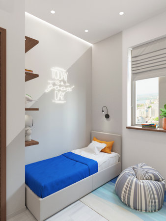 interior of a modern bedroom with blue and orange pillows. 3d renderの写真素材