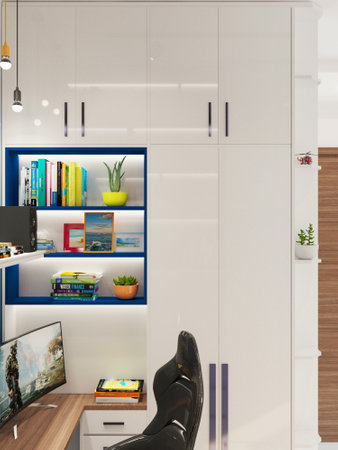 Modern interior of a living room with a bookcase and a TVの写真素材