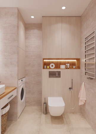 3d render of modern bathroom with beige tiled floor and showerの写真素材