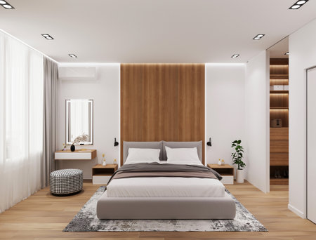 Bedroom with wooden penellaの写真素材