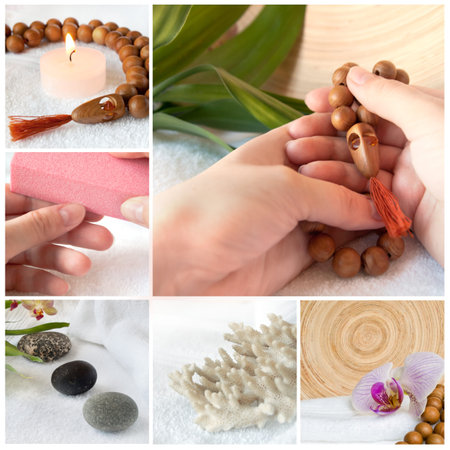 Spa collage: hands holding beads, orchids, white towel, candle, pebbles, coral.の写真素材