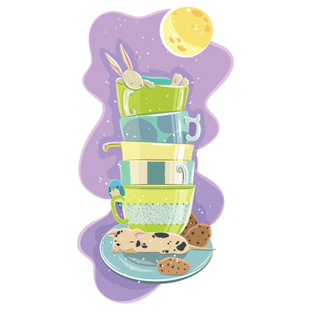 Sleeping animals in cups. Sleeping animals. Vector illustrationのイラスト素材