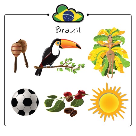 Vector set of six cultural brazilian symbols. Brazil. Vector illustrationのイラスト素材