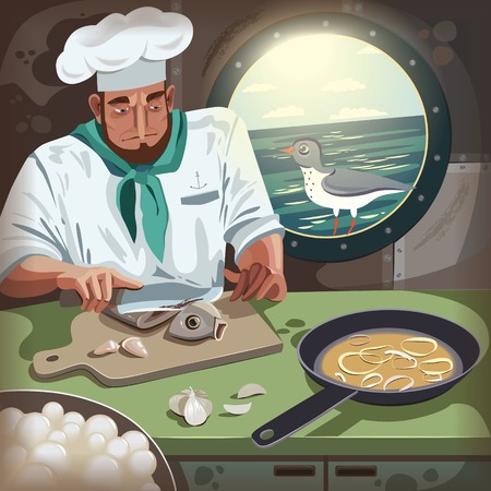 Cook prepares fish in the galley. Cook. Vector illustrationのイラスト素材