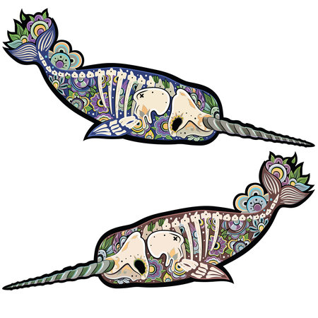 Two stylized skeleton narwhal. Narwhals. Vector illustrationのイラスト素材