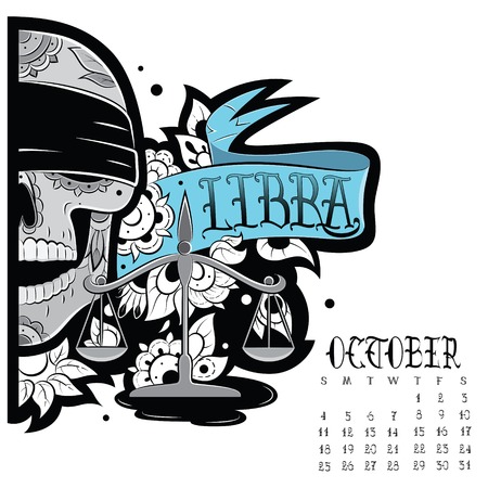Page astrological calendar. Libra tattoo. Vector illustrationのイラスト素材