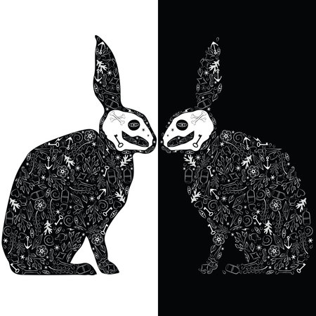 Greeting card with rabbits, skeletons with tattoo patterns. Black rabbits. Vector illustrationのイラスト素材