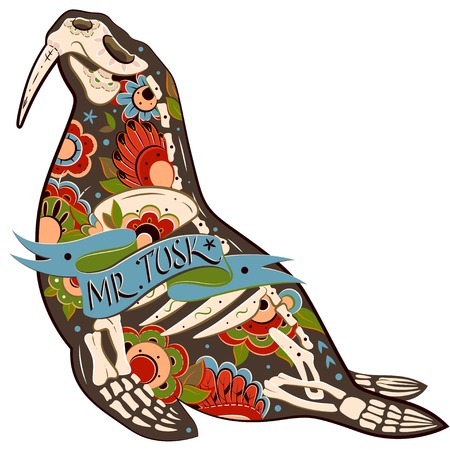 Greeting card with walrus, skeletons with floral patterns. Walrus skeleton. Vector illustrationのイラスト素材