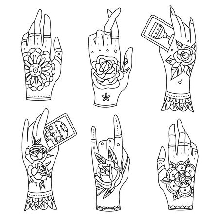 Ornate hands with old school tattoo. Old school tattoo hands.のイラスト素材