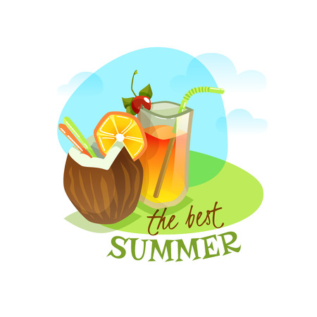 Colorful cartoon poster for the beach recreation. The best summer. Vector illustrationのイラスト素材