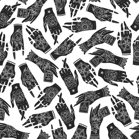 Seamless background created on the basis of decorative hands. Tattoo hands seamless pattern. Vector illustrationのイラスト素材