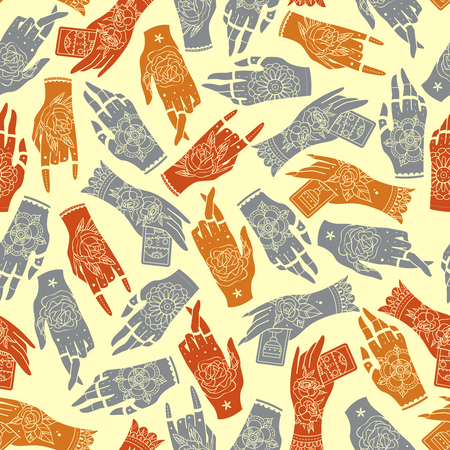 Seamless background created on the basis of decorative hands. Tattoo hands seamless pattern. Vector illustrationのイラスト素材