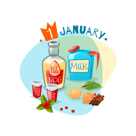 Emblem with ingredients for eggnog. Vector Christmas Eggnog. Vector illustrationのイラスト素材