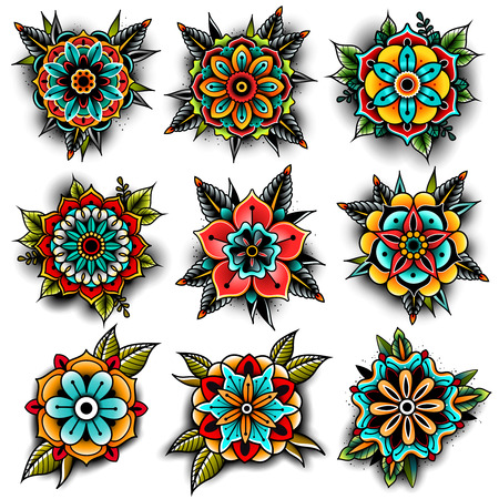 Old school tattoo flowers setのイラスト素材