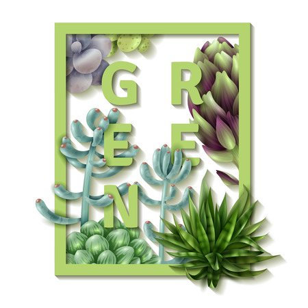 Square frame with succulent. Succulent green frame. Vector illustrationのイラスト素材