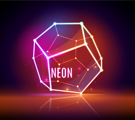 Wireframe polygonal element. Geometric 3D neon object with connected lines and dots. Vector illustrationのイラスト素材