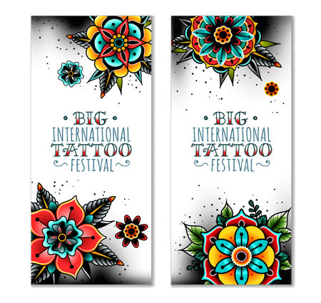 Old school tattoo flowers on white background, Vector illustration.のイラスト素材