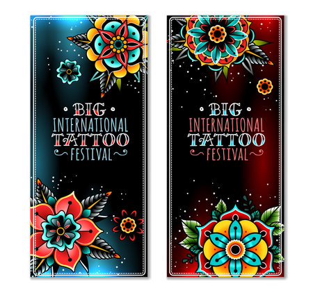 Old school tattoo flowers Vector illustration.のイラスト素材