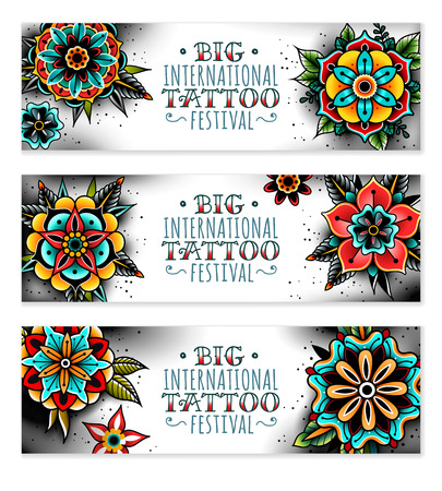Old school tattoo flowers Vector illustration.のイラスト素材