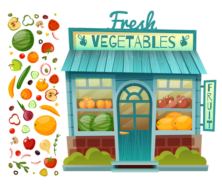 Grocery shop facade with showcases and trays of fruit and vegetables with the addition of isolated individual elementsのイラスト素材