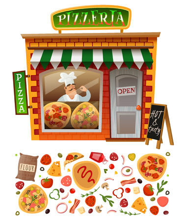 Pizzeria shop facade with showcases and trays of varieties pizza with the addition of variety of ingredients for pizza and italian cookのイラスト素材