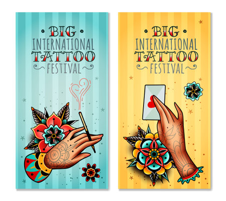 Set of two vertical banners on the subject tattoo festival with tattooed hands holding love letter and mouthpiece with a cigaretteのイラスト素材