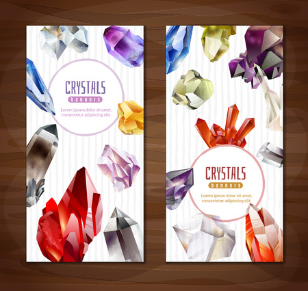 Two vertical banners with realistic Crystals and stones on a wooden backgroundのイラスト素材