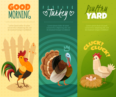 the set of three bright vertical banners cards on a farm theme in cartoon styleのイラスト素材