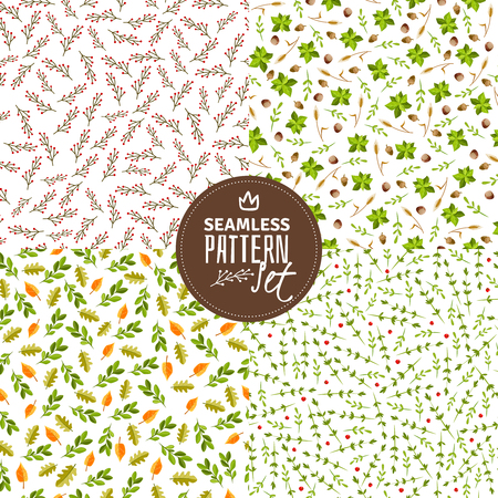 The set of four seamless twigs and leaves patterns in cartoon style on a white background.のイラスト素材