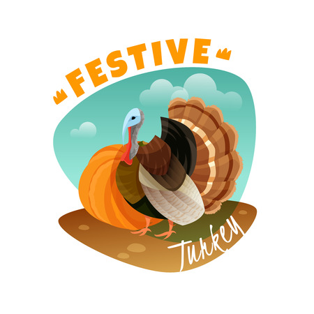 Festive turkey emblem on white background, vector illustration.のイラスト素材
