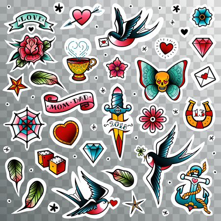 A large set of isolated old school tattoo elements on a transparent backgroundのイラスト素材