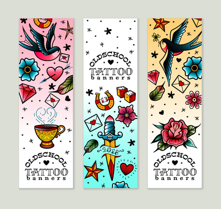 A set of three vertical old school tattoo bannersのイラスト素材