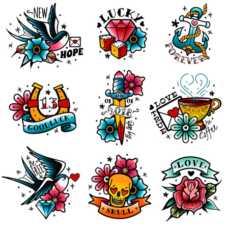 A set of isolated old school tattoo emblems on a white backgroundのイラスト素材