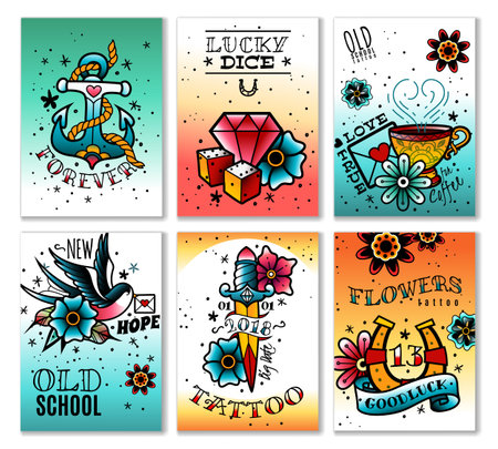 A set of six old school tattoo cards on a white backgroundのイラスト素材