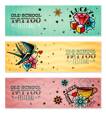 A set of three horizontal old school tattoo banners on a white backgroundのイラスト素材