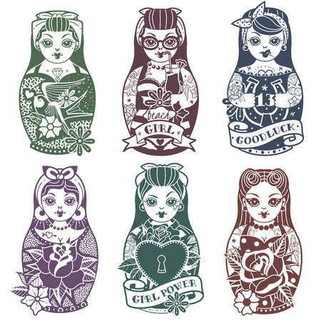 Old school tattoo Pin Up Russian Dolls monochrome Set. Vector illustrationのイラスト素材