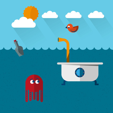 Travelling submarine-bathtoob, octopus and birdのイラスト素材
